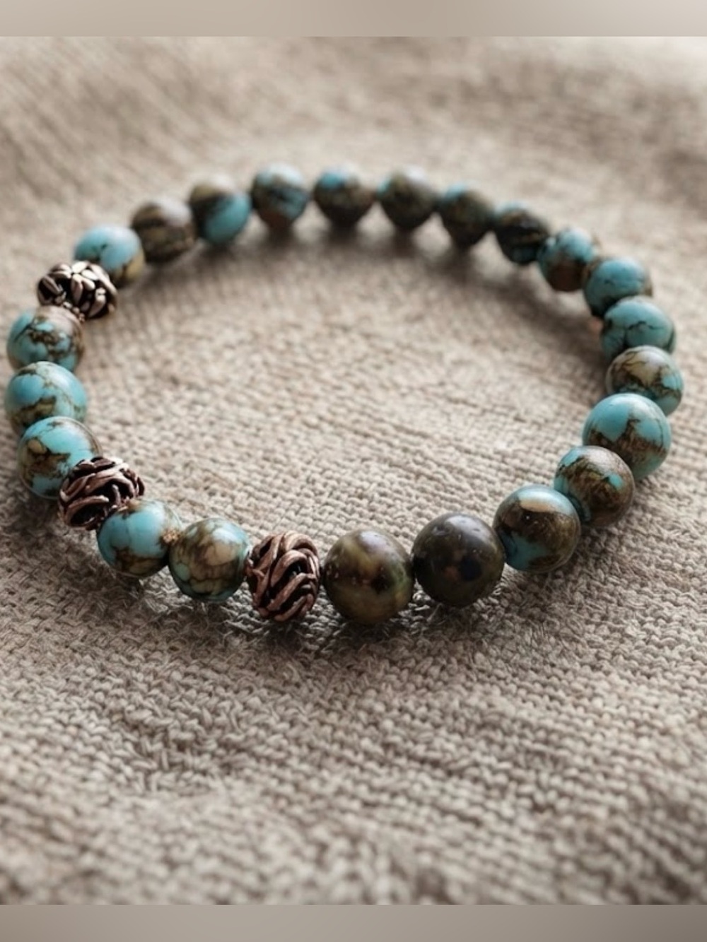 Turquoise and Brown Beaded Stretch Bracelet